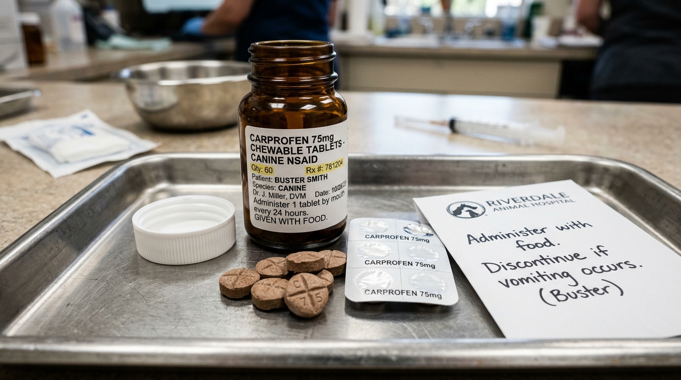 Amber prescription bottle labeled Carprofen 75mg chewable tablets with scored brown liver-flavored tablets on clinic tray
