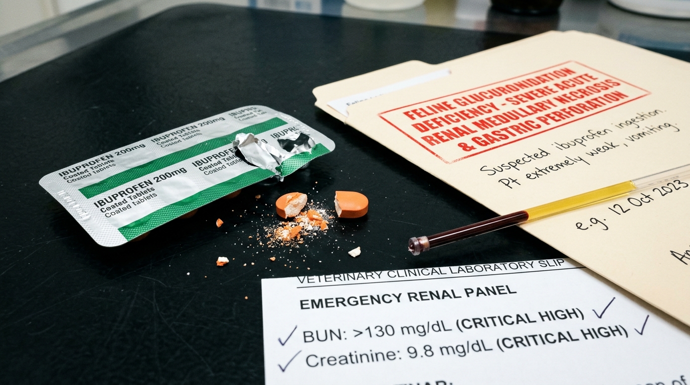 Figure 1: Feline Ibuprofen Toxicity & Renal Papillary Necrosis Exhibit — Macro clinical toxicology display highlighting marked feline sensitivity to NSAIDs due to hepatic glucuronidation deficits. Ingestion triggers swift renal hemodynamic collapse, marked azotemia (elevated BUN/creatinine), and gastric ulceration.