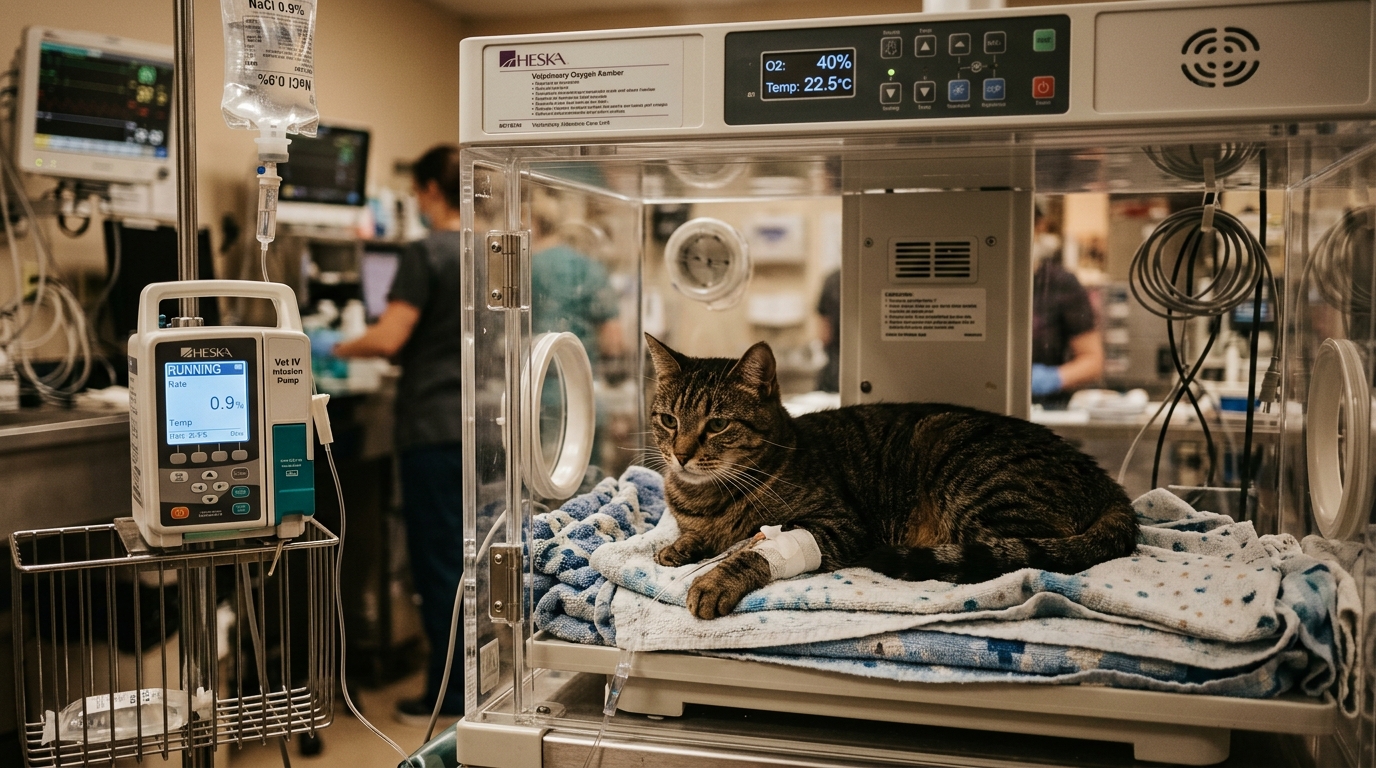 Domestic shorthair cat resting in a veterinary ICU incubator with IV fluid infusion pump