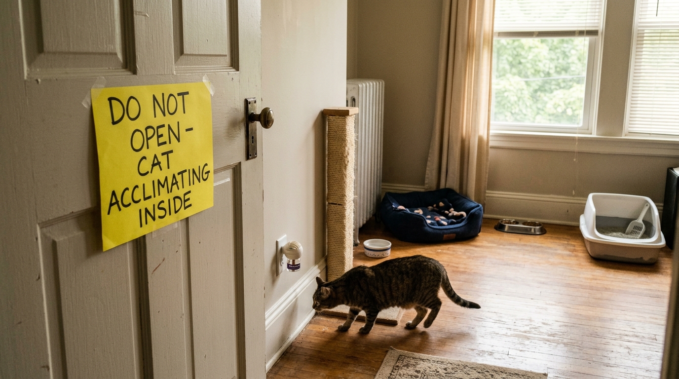 Figure 2: Moving Day Safe Room Acclimation Setup — A calm cat exploring a fully prepared, quiet sanctuary room at the new home with familiar bedding, open litter box, and pheromone diffuser behind a securely closed door bearing warning signs.