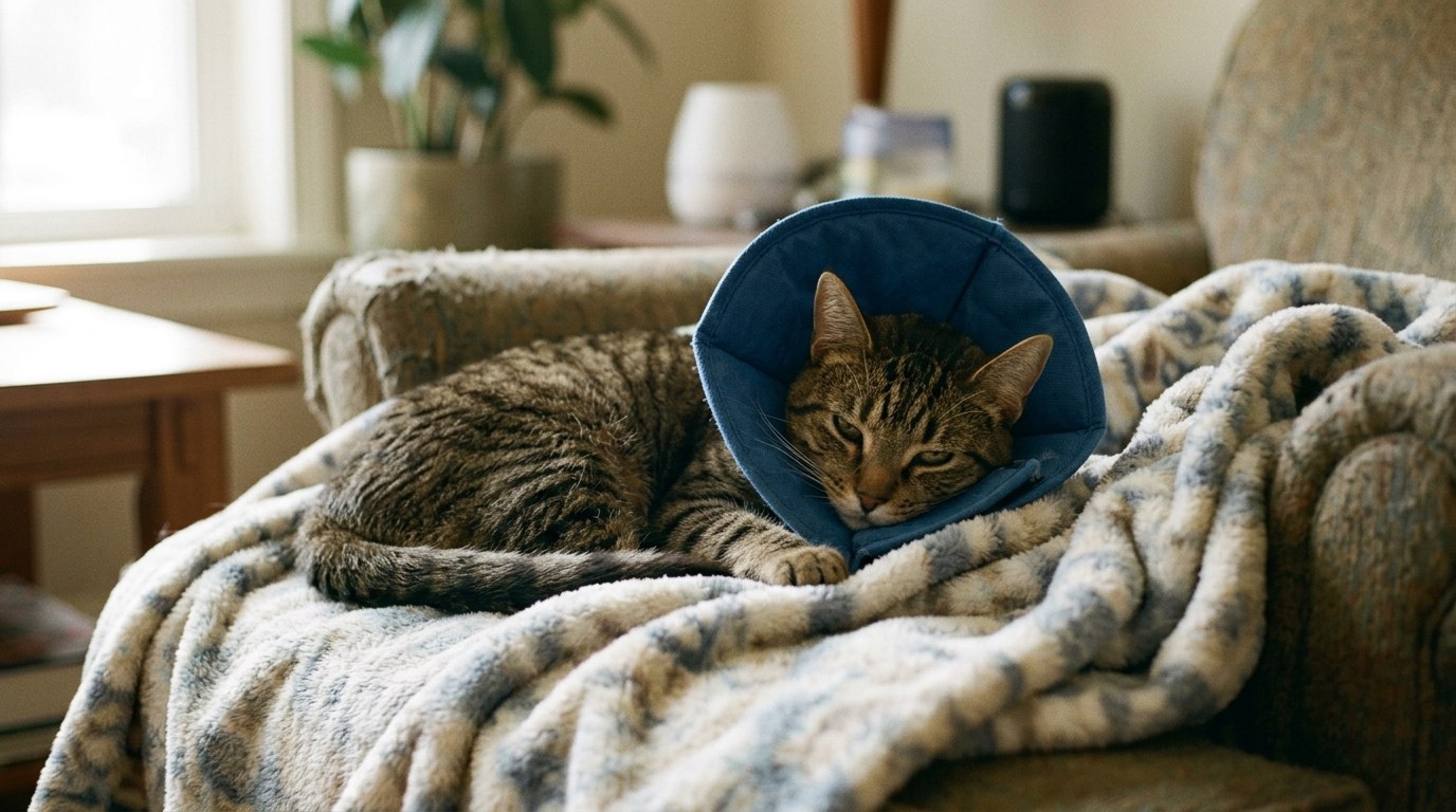 Domestic feline comfortably resting with soft padded recovery cone preventing incision licking