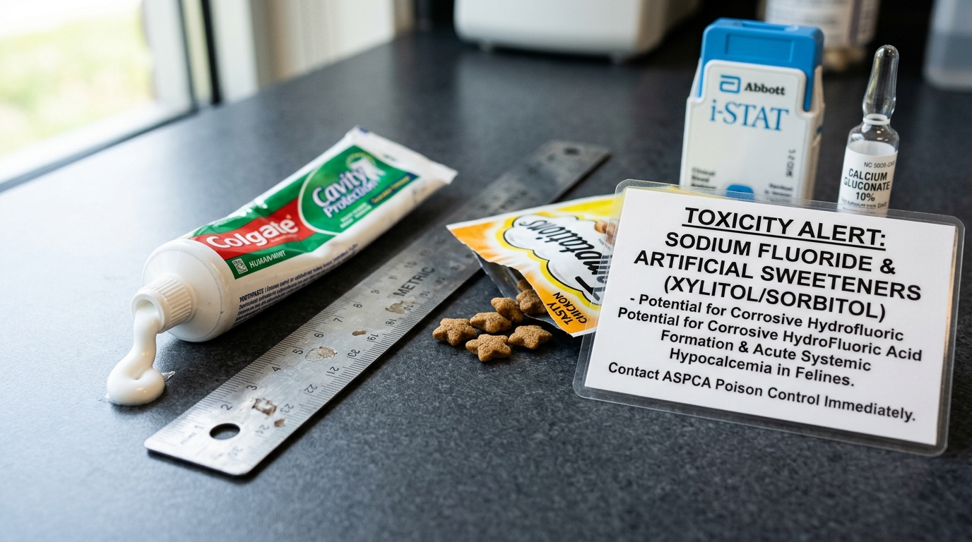 Figure 1: Feline Toothpaste Fluoride & Artificial Sweetener Exhibit — Macro forensic display of extruded toothpaste containing sodium fluoride and xylitol/sorbitol. In feline gastric acid, sodium fluoride rapidly converts to hydrofluoric acid, precipitating acute hypocalcemia and severe chemical mucosal erosion.