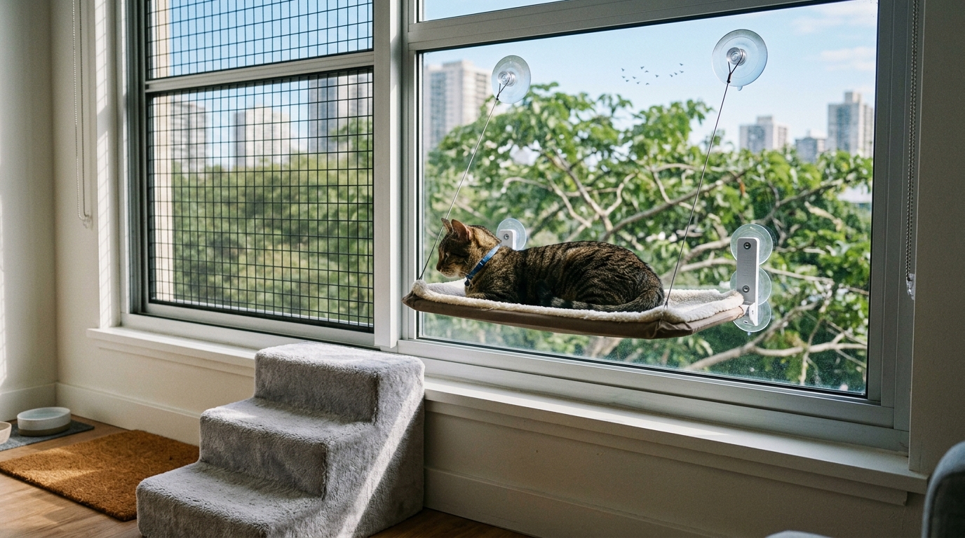 Figure 2: Reinforced Safety Screens & Low-Impact Landing Steps — A domestic cat relaxing on a window hammock in a sunlit apartment, fortified with an aluminum frame pet-safety mesh screen and climbing steps for safe descent.