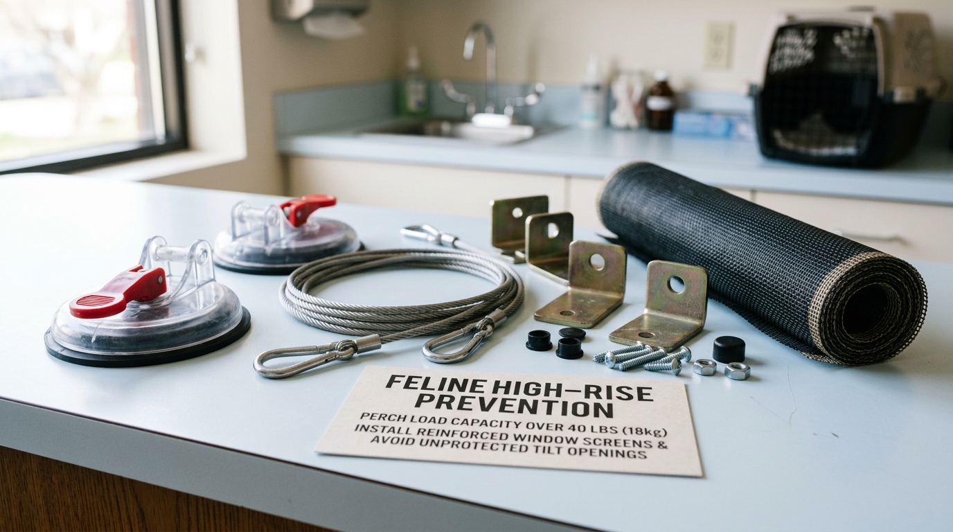 Figure 1: High-Rise Fall Prevention & Window Perch Engineering Exhibit — Macro display of heavy-duty quick-release suction cups, braided stainless steel support cables, mounting hardware, and feline high-rise syndrome clinical warnings.