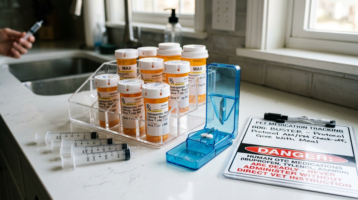 Figure 1: Centralized Household Pet Medication Station Exhibit — Macro view of an acrylic organizer holding child-resistant prescription bottles, precision oral dosing syringes, pill splitters, AM/PM check-off boards, and human OTC drug fatality warning placards.
