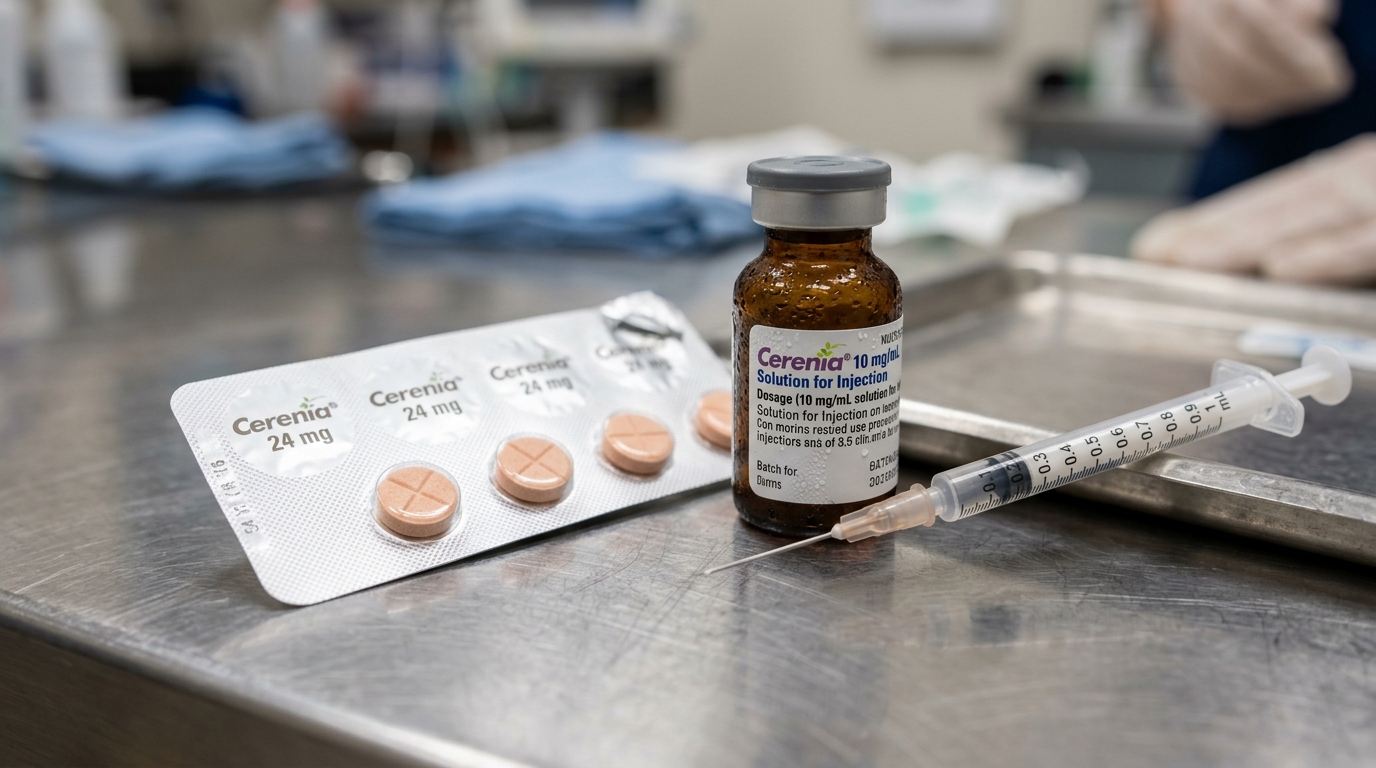 Cerenia 24mg scored peach tablets beside refrigerated multidose glass vial of maropitant citrate injectable solution with condensation