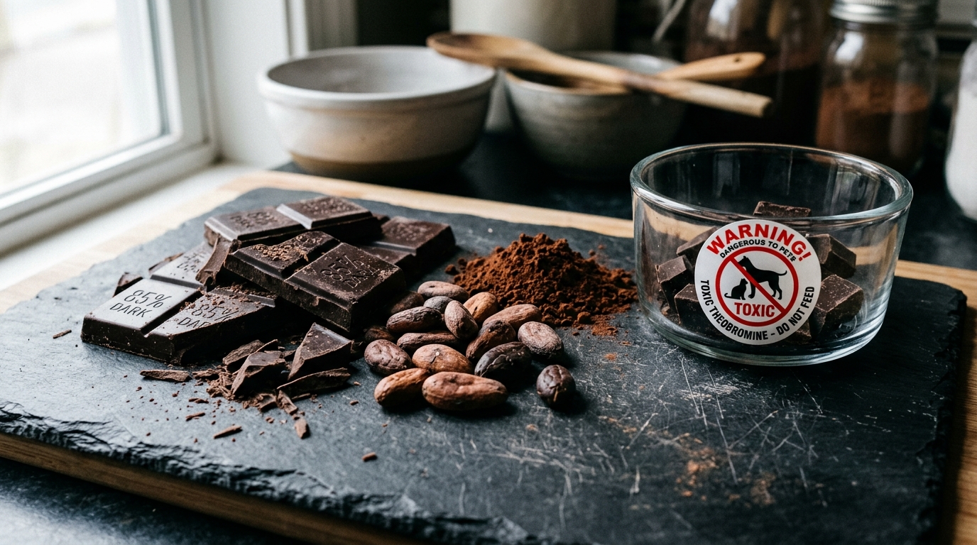 Dark baking chocolate bars, cocoa beans, and cocoa powder with veterinary pet warning label