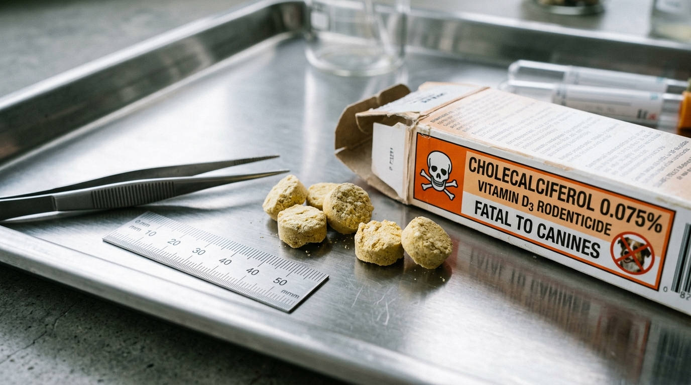 Macro view of commercial cholecalciferol rodenticide bait container with danger label beside yellow bait pellets on surgical metal tray