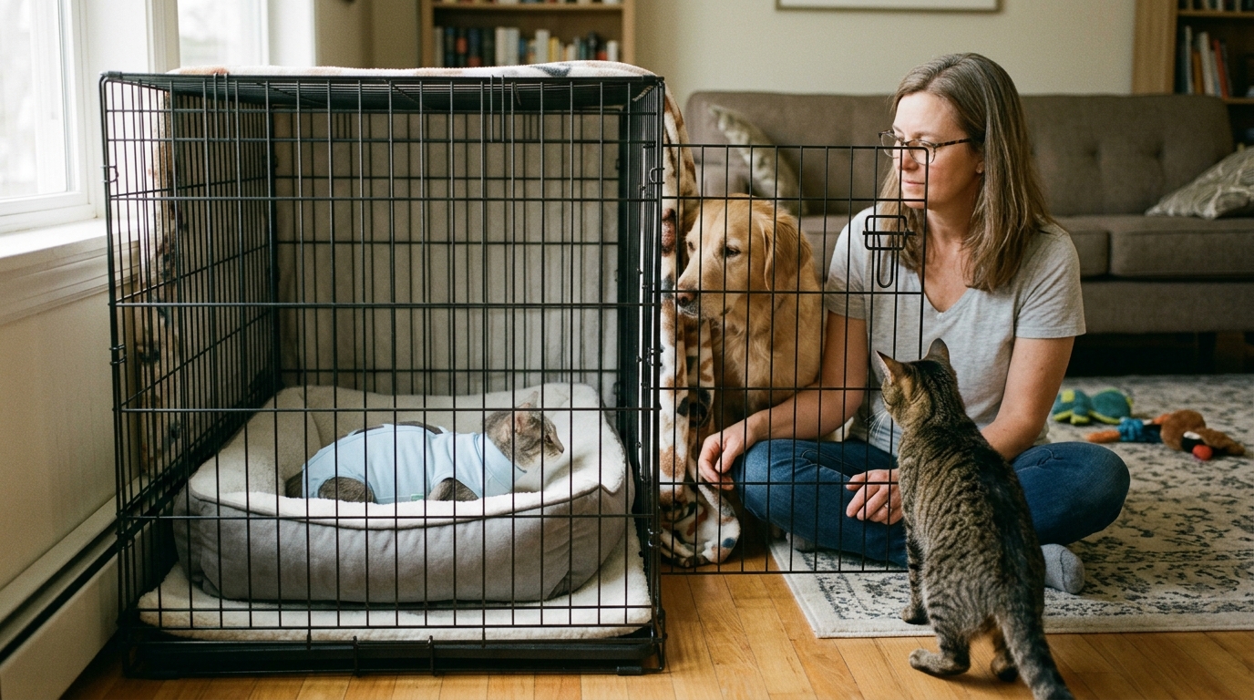 Figure 2: Controlled Barrier Reintroduction & Recovery Crate Setup — A post-surgical cat wearing a protective recovery suit resting safely inside an open-door wire crate on an orthopedic pad, allowing calm visual and olfactory interaction with resident pets without physical contact.