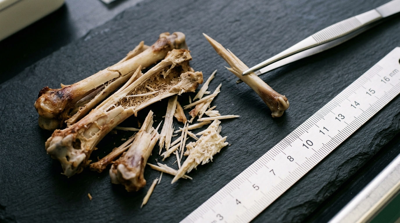 Forensic macro photograph of shattered cooked poultry bone splinters on dark slate beside metric surgical ruler