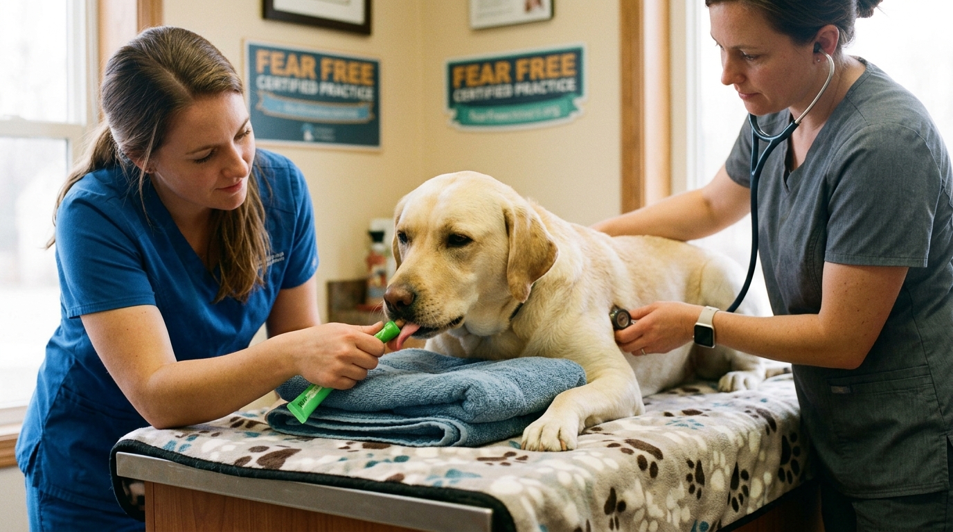 Figure 2: Fear Free Cooperative Care Clinical Examination — In-clinic demonstration of voluntary chin-rest consent behavior on a cushioned examination platform, enabling stress-free thoracic stethoscope auscultation supported by continuous lickable reward delivery.