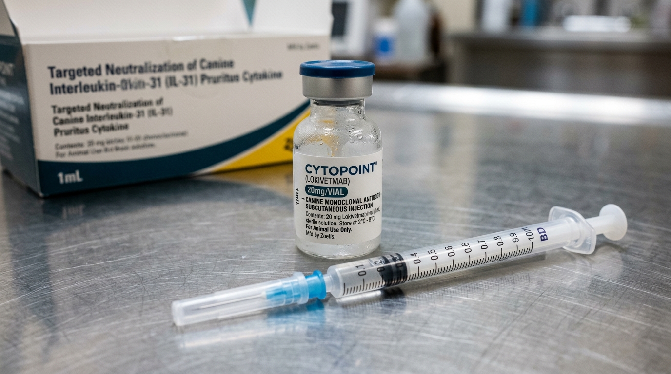 Refrigerated single-dose vial of Cytopoint 20mg lokivetmab with sterile syringe and packaging highlighting IL-31 neutralization