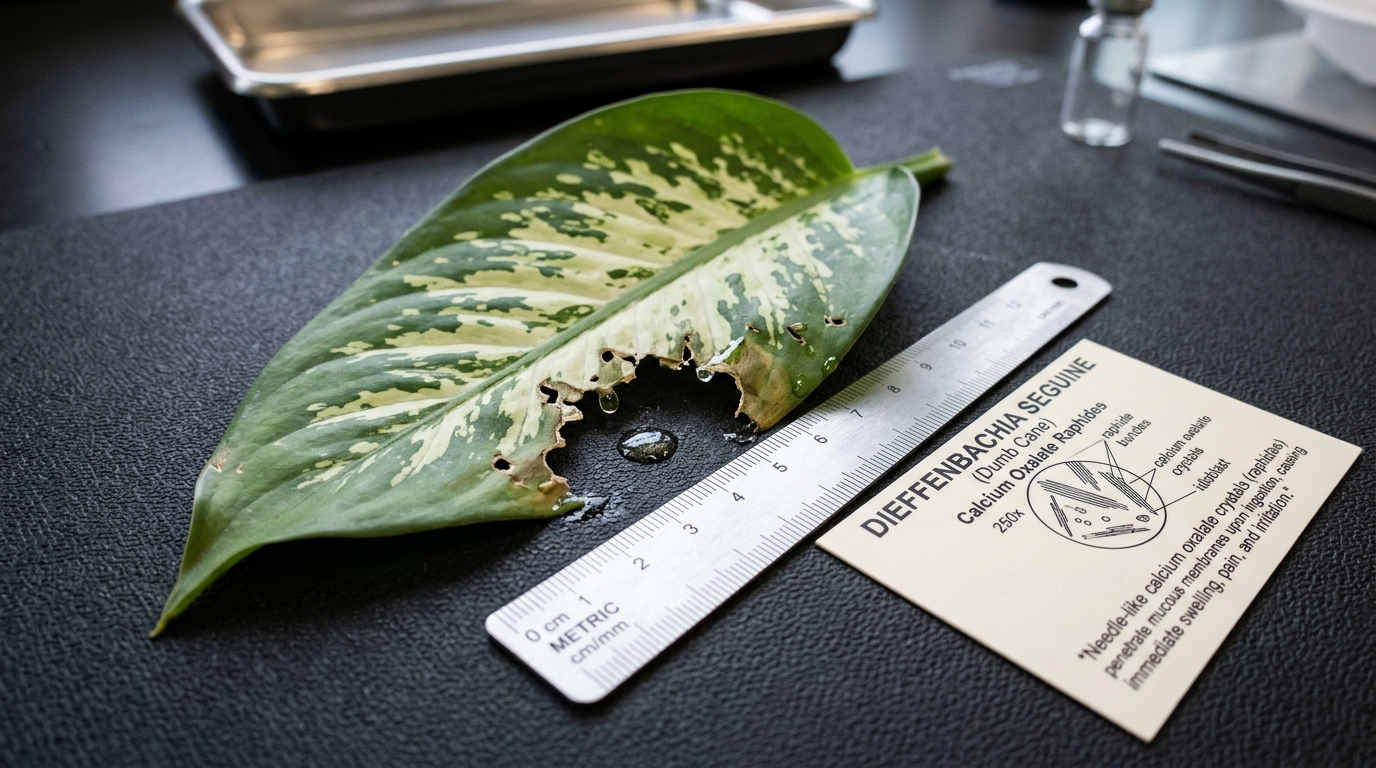 Macro photograph of chewed Dieffenbachia leaf showing feline tooth lacerations and exuding sap droplets beside raphide crystal diagram