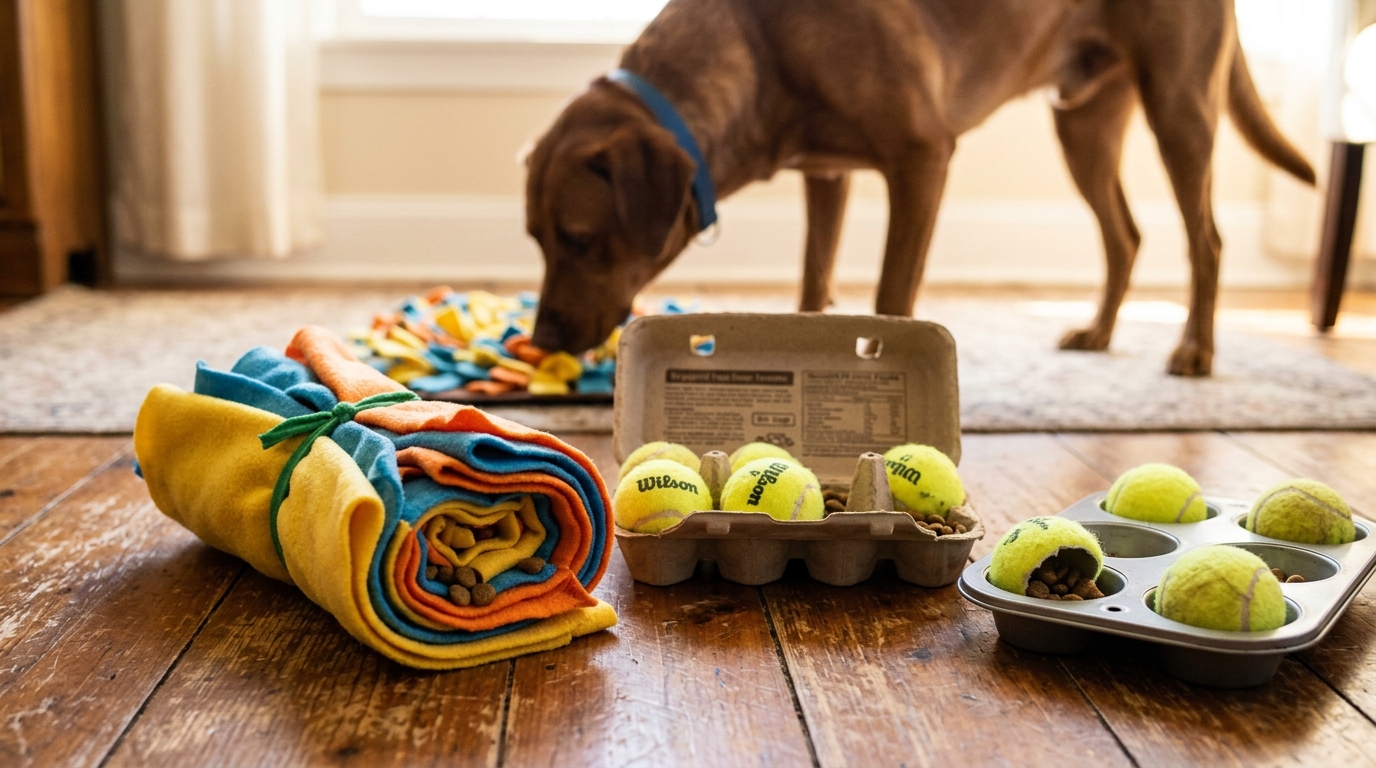 Figure 1: Low-Cost DIY Canine Olfactory Enrichment Toolkit Exhibit — Macro arrangement of household scent puzzles including a fleece snuffle towel burrito, muffin tin mental games, and egg carton treat dispensers designed to stimulate canine foraging instincts without commercial gadgets.