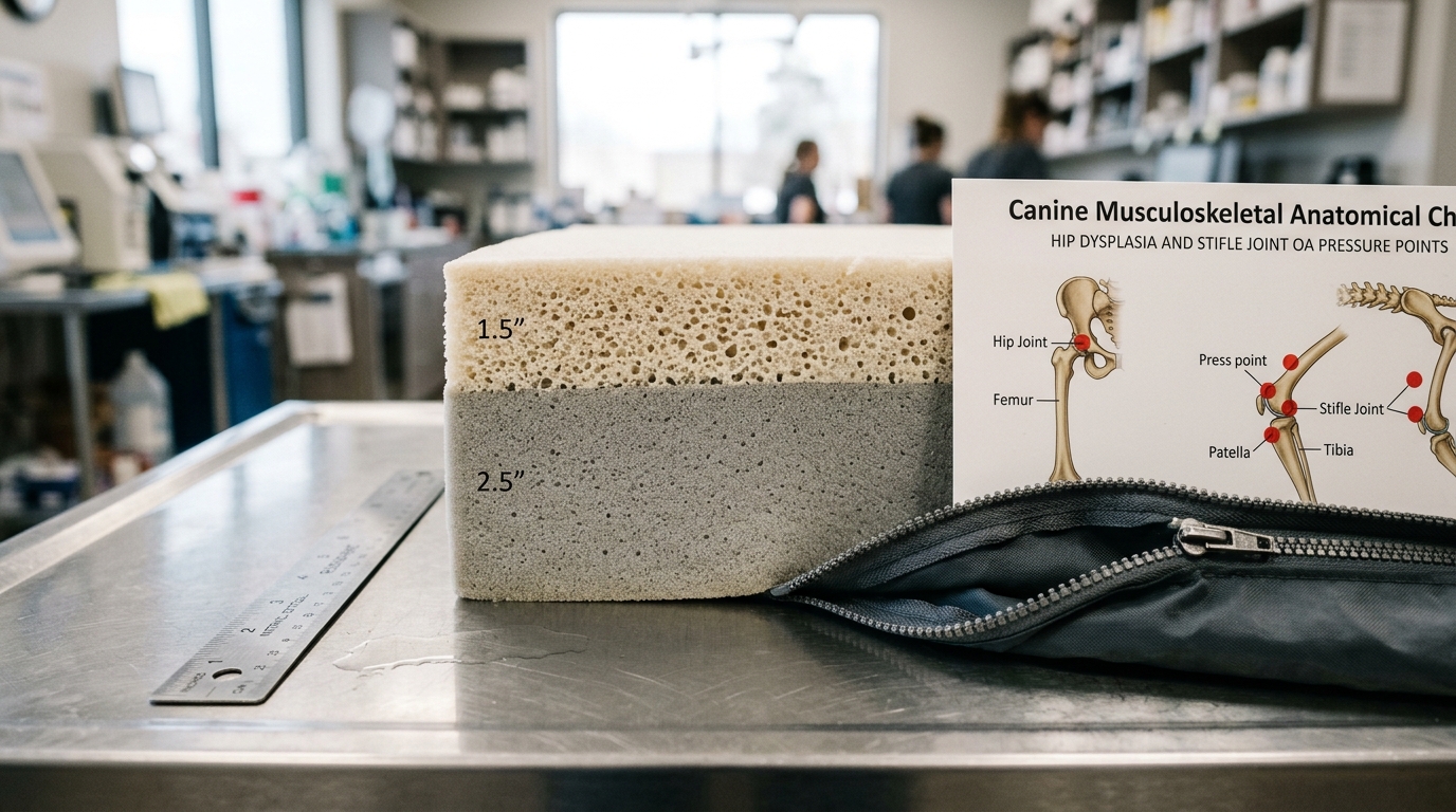 Figure 1: Orthopedic Dog Bed Dual-Layer Foam Construction Exhibit — Macro cutaway cross-section of a 4-inch medical-grade support base topped with certified open-cell memory foam, beside canine joint osteoarthritis models and waterproof zippered liners.