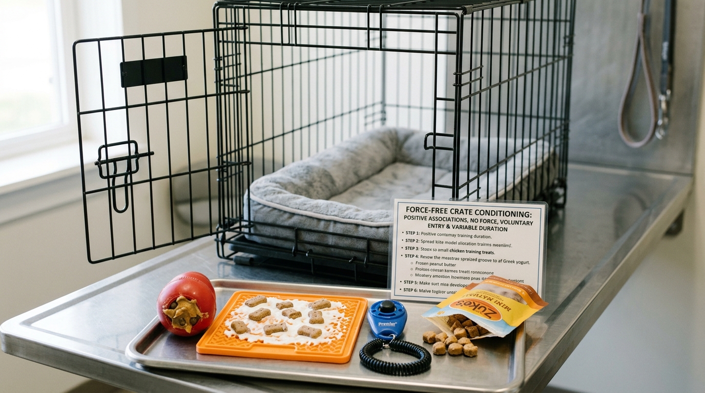 Figure 1: Force-Free Crate Conditioning Toolkit Exhibit — Macro layout of an open-door wire crate with orthopedic padding, peanut-butter stuffed KONG toys, frozen yogurt LickiMats, clickers, and the force-free voluntary entry protocol chart.