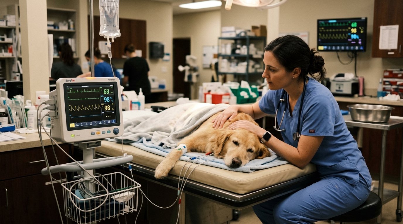 Veterinarian monitoring ECG telemetry vital signs for canine methylxanthine tachycardia in hospital