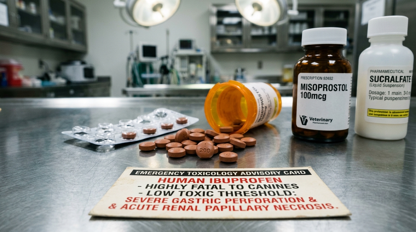 Figure 1: Canine Ibuprofen & NSAID Toxicity Exhibit — Macro examination displaying generic Ibuprofen 200mg tablets alongside veterinary gastric cytoprotectants (Misoprostol, Sucralfate). Ingestion in canines leads to acute cyclooxygenase inhibition, rapid gastric ulceration, and medullary ischemia.