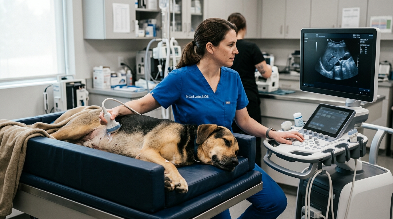 Veterinary radiologist performing abdominal ultrasound examination on canine liver in hospital