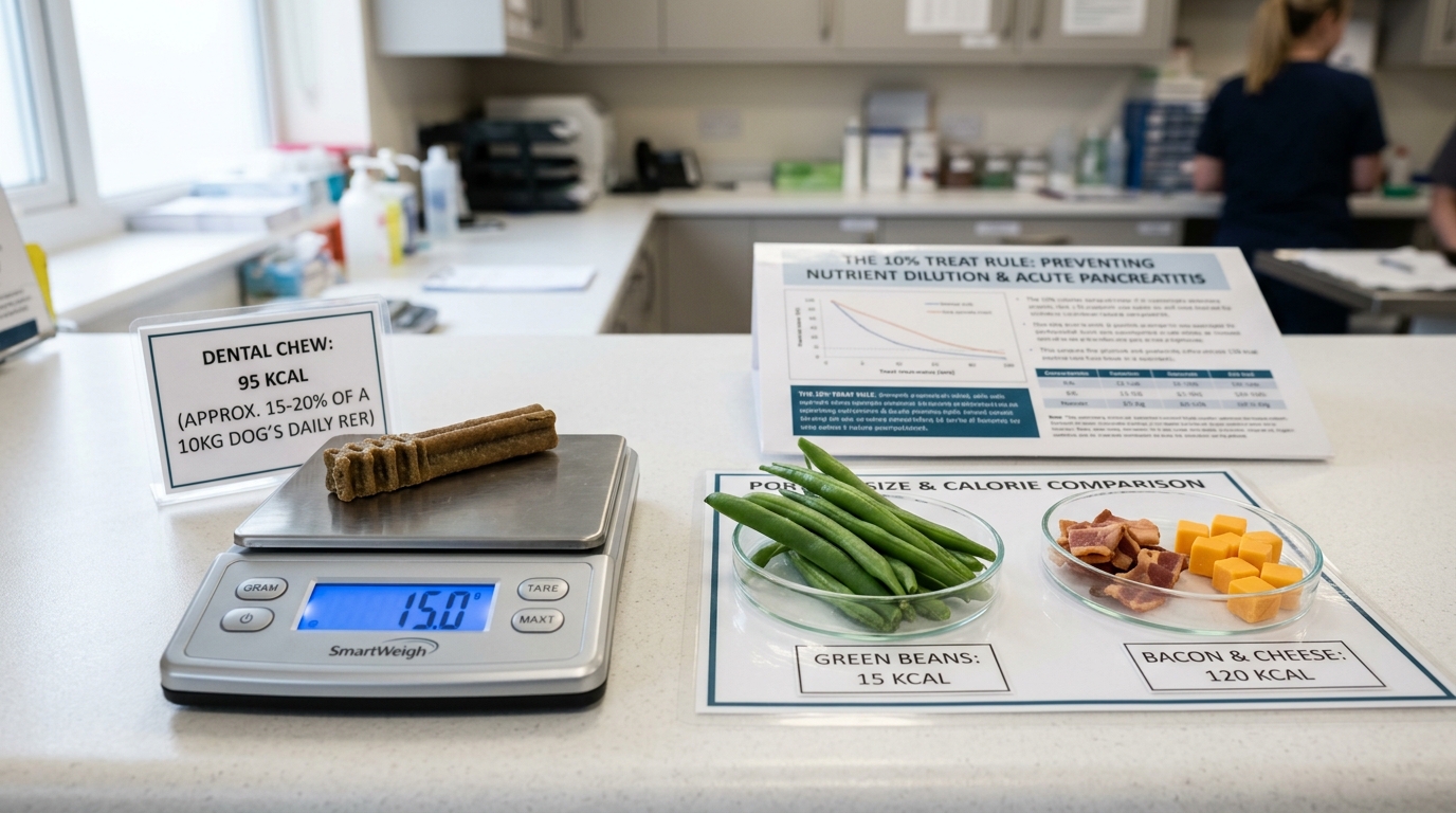 Figure 1: Canine Treat Caloric Density & Portion Control Exhibit — Macro comparison displaying a digital scale weighing a 95 kcal commercial dental chew alongside volumetric dishes of low-calorie fresh green beans versus high-fat table treats, demonstrating the 10% treat rule.