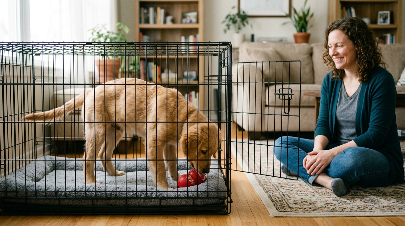 Figure 2: Voluntary Crate Entry & Calm Confinement Routine — A Golden Retriever puppy choosing to enter an open crate to enjoy an enrichment puzzle toy while the caregiver reinforces relaxed body language and variable duration conditioning.