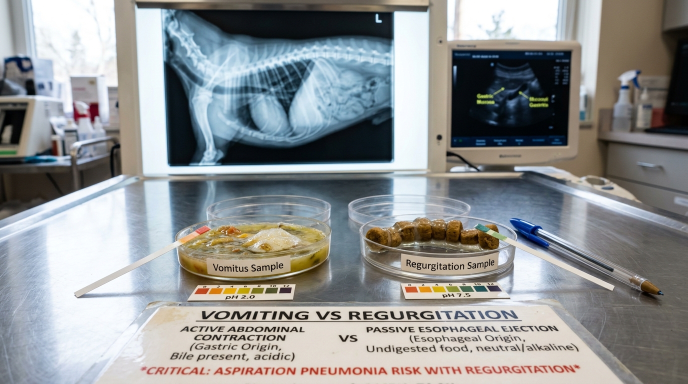Figure 1: Canine Vomiting vs. Regurgitation Diagnostic & pH Profiling Exhibit — Macro display contrasting acidic gastric vomitus (pH 2.0 with bile) against passive esophageal regurgitation (neutral/alkaline pH 7.5 with cylindrical food), beside thoracic radiographs of megaesophagus.