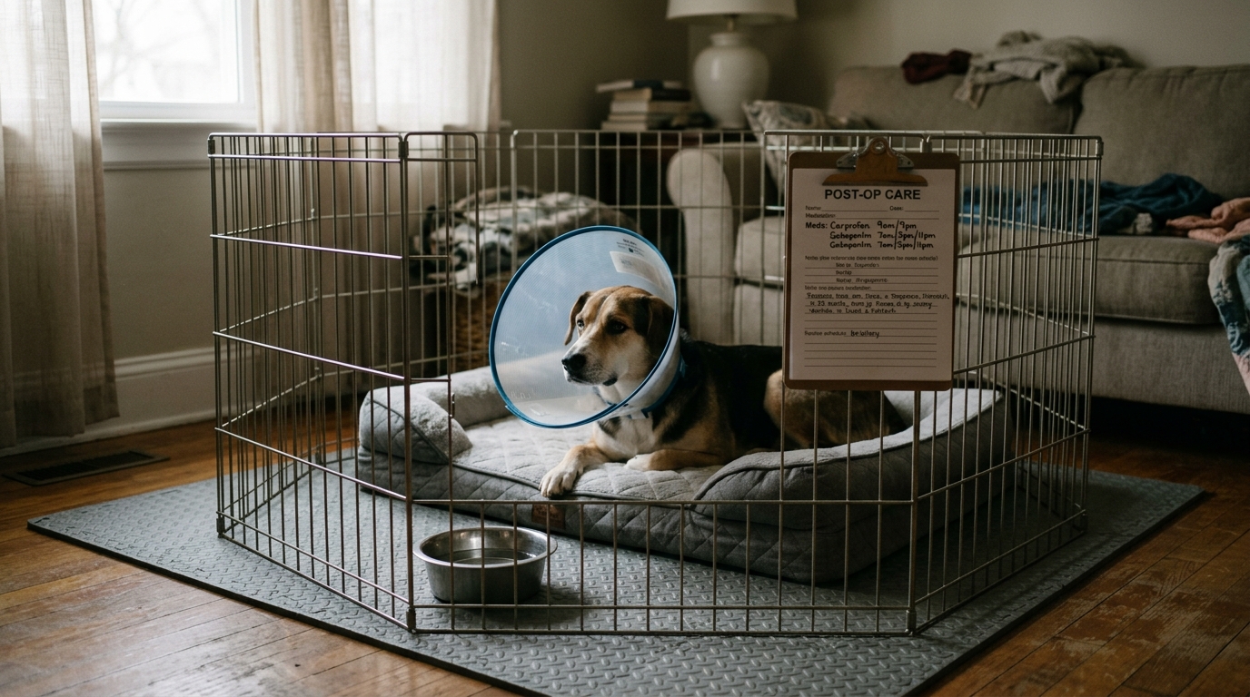 Figure 2: Low-Stimulus Post-Surgical Recovery Enclosure (X-Pen) — A recovering dog resting calmly in an E-collar inside a secure exercise pen on an orthopedic bed, preventing unsupervised jumping onto furniture during the critical 48-hour post-anesthesia window.