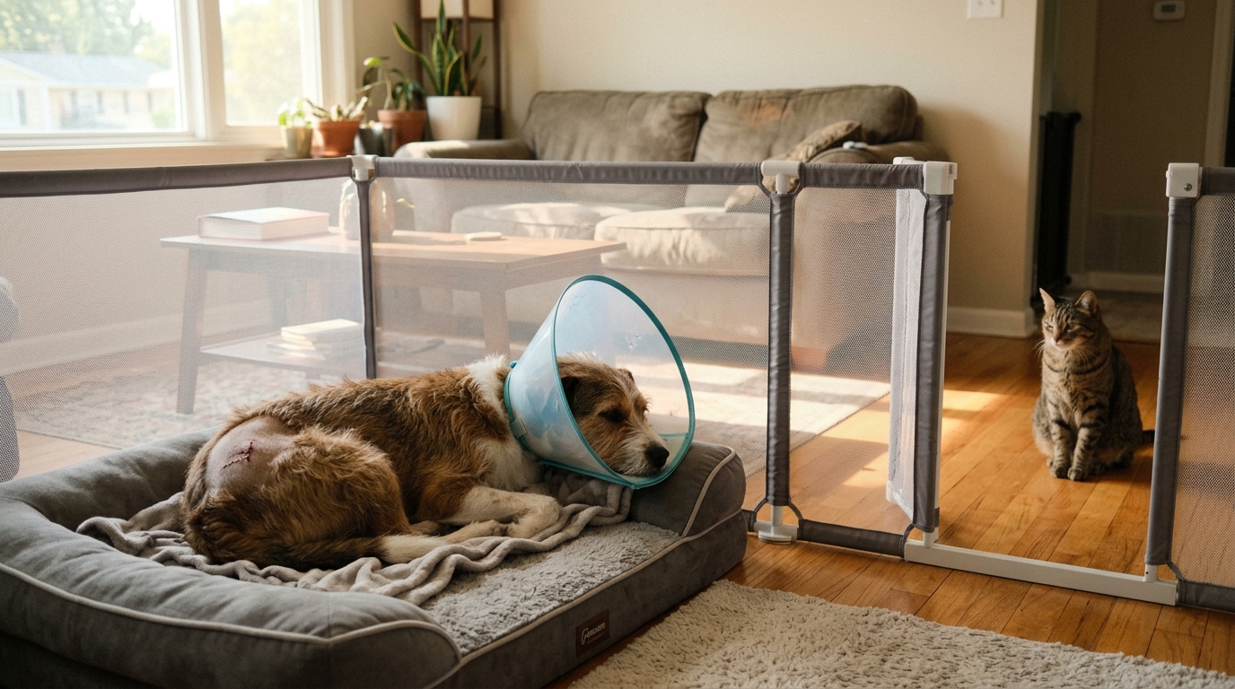 Figure 2: Post-Procedure Quarantine & Transparent Barrier Gate Setup — A recovering rescue dog resting in a cone collar behind a safe mesh barrier gate, allowing visual contact with resident household pets while preventing wound licking and territorial friction.