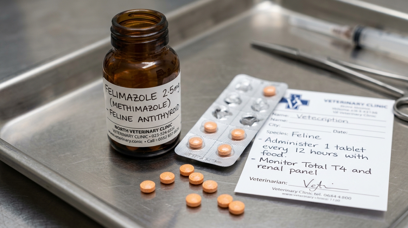 Amber prescription bottle labeled Felimazole 2.5mg methimazole feline antithyroid with blister foil pack on stainless clinic tray