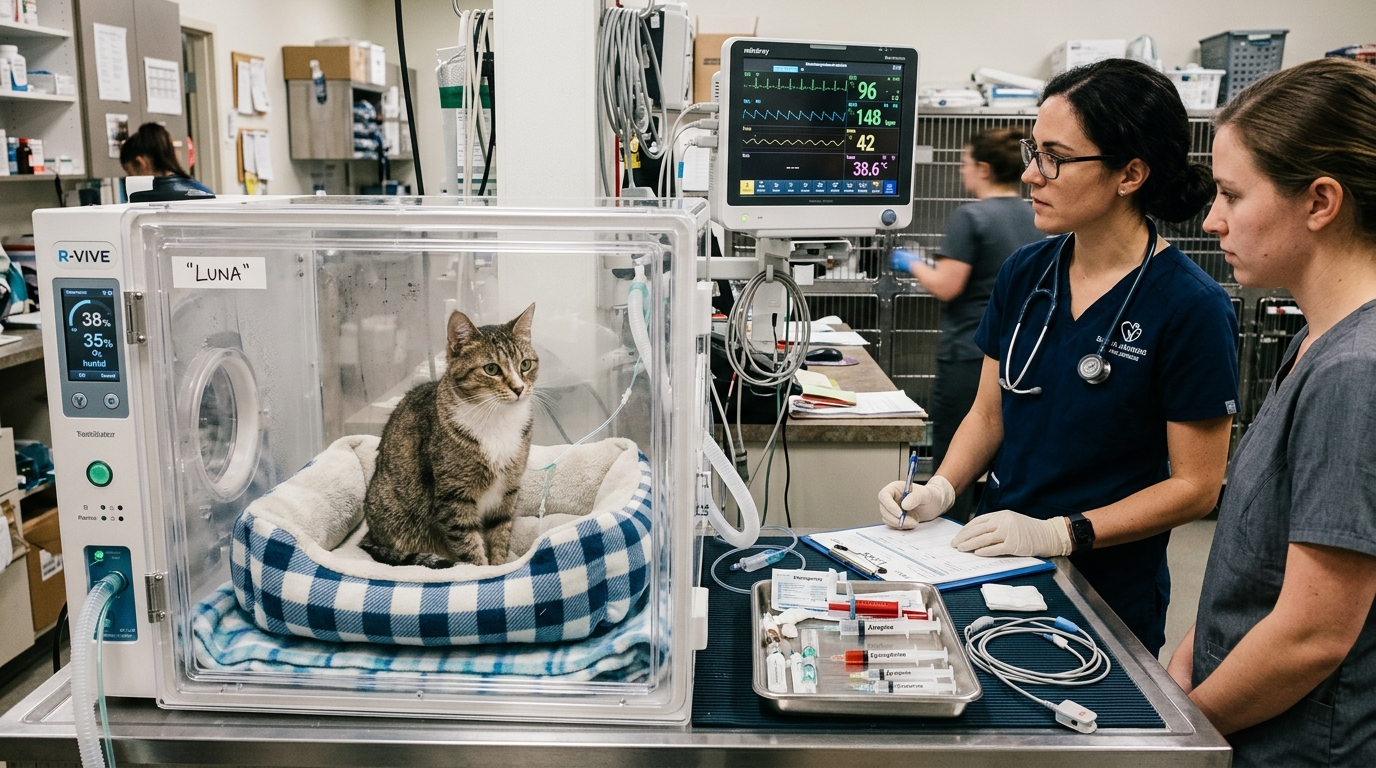 Veterinary team caring for domestic cat inside clinical oxygen therapy incubator chamber with multiparameter monitor displaying vital signs