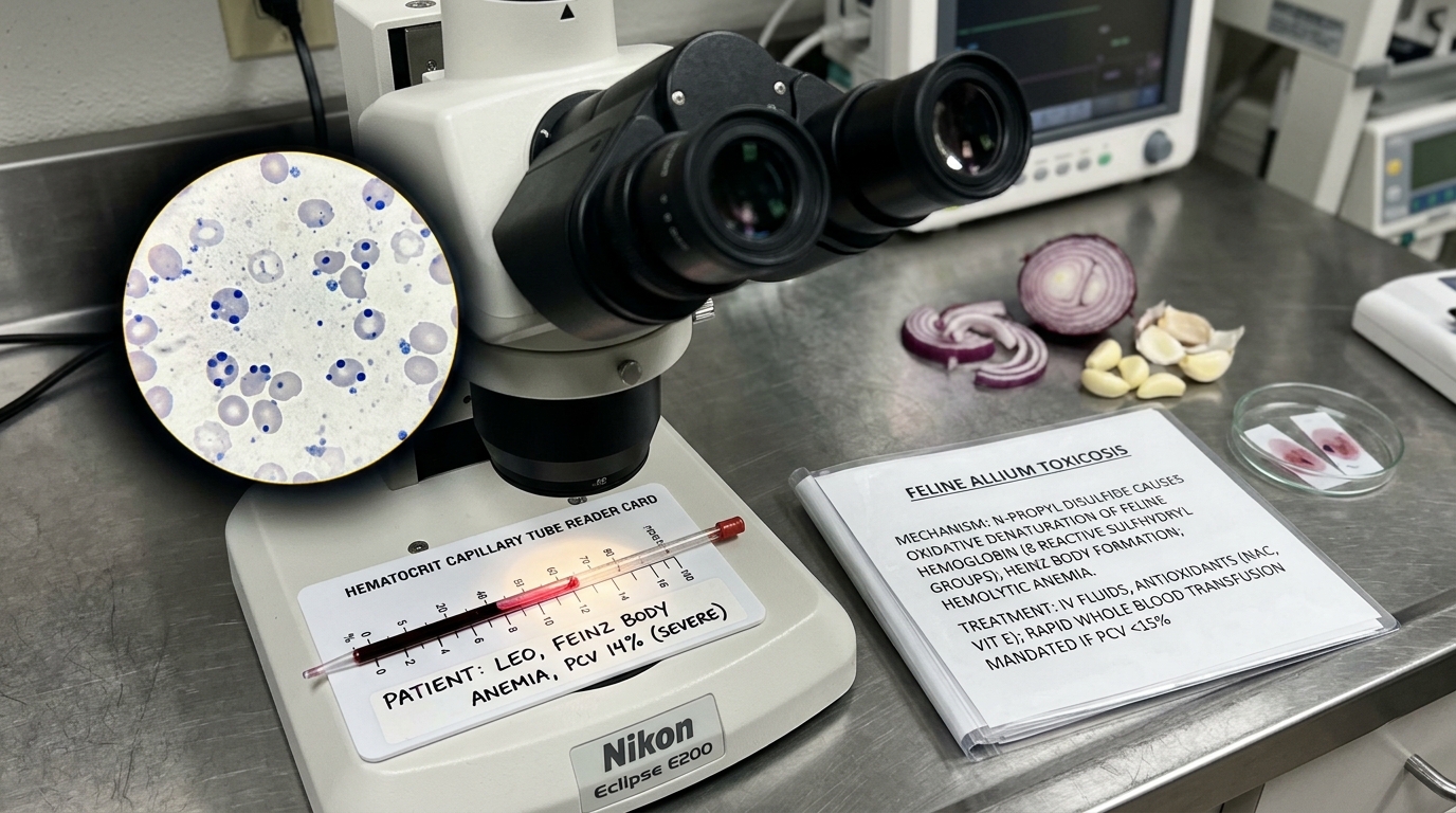 Microscope displaying feline Heinz body blood smear, microhematocrit tube showing hemolyzed PCV at 14 percent, garlic, red onions, and Allium Toxicosis card