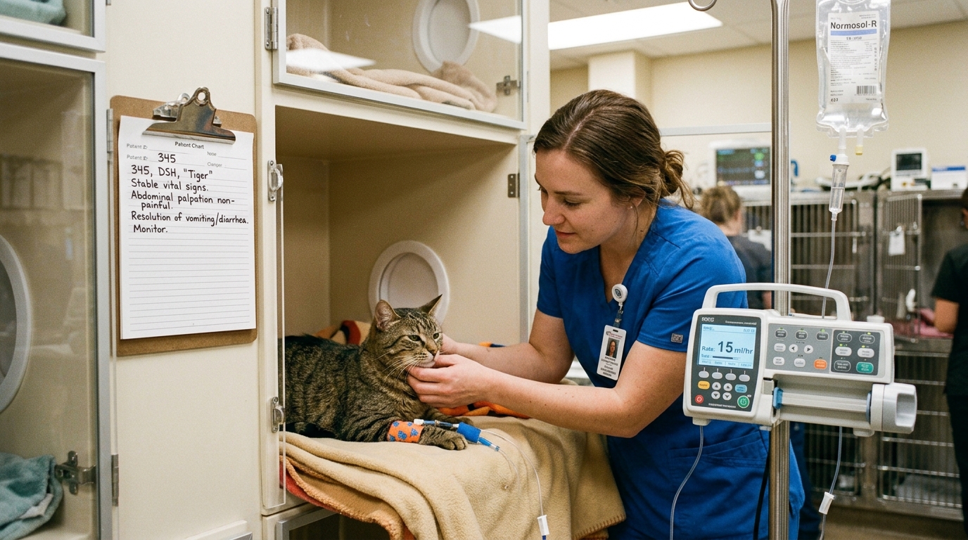 Figure 2: Feline Inpatient Hydration & Supportive Nursing Care — Veterinary hospitalization monitoring featuring balanced intravenous crystalloid diuresis (Normosol-R) via precision infusion pump to correct hypokalemia and dehydration, supported by serial abdominal palpation and gastrointestinal tracking.
