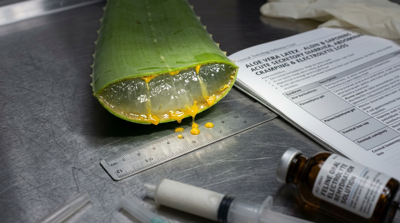 Figure 1: Feline Aloe Vera Botanical Toxicology Exhibit — Macro clinical view of sliced Aloe barbadensis leaf exuding yellow aloin latex sap and clear inner parenchyma gel, accompanied by sucralfate GI barrier protectant, oral rehydration solution, and toxicology advisory warnings on saponin-induced secretory diarrhea.