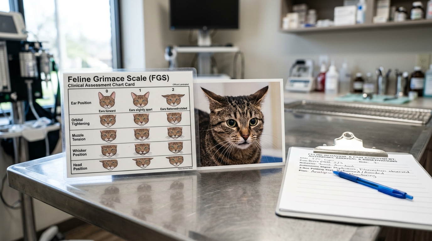 Figure 1: Feline Grimace Scale (FGS) & Ethological Pain Scoring Exhibit — Macro diagnostic display of the official FGS clinical card (evaluating ear position, orbital tightening, and whisker change scores) alongside photographs of defensive flattened ears and autonomic mydriasis.