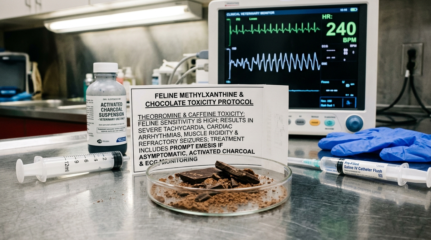 Dark baking chocolate in dish beside Feline Methylxanthine Protocol card, ECG monitor reading sinus tachycardia at 240 BPM, and activated charcoal bottle