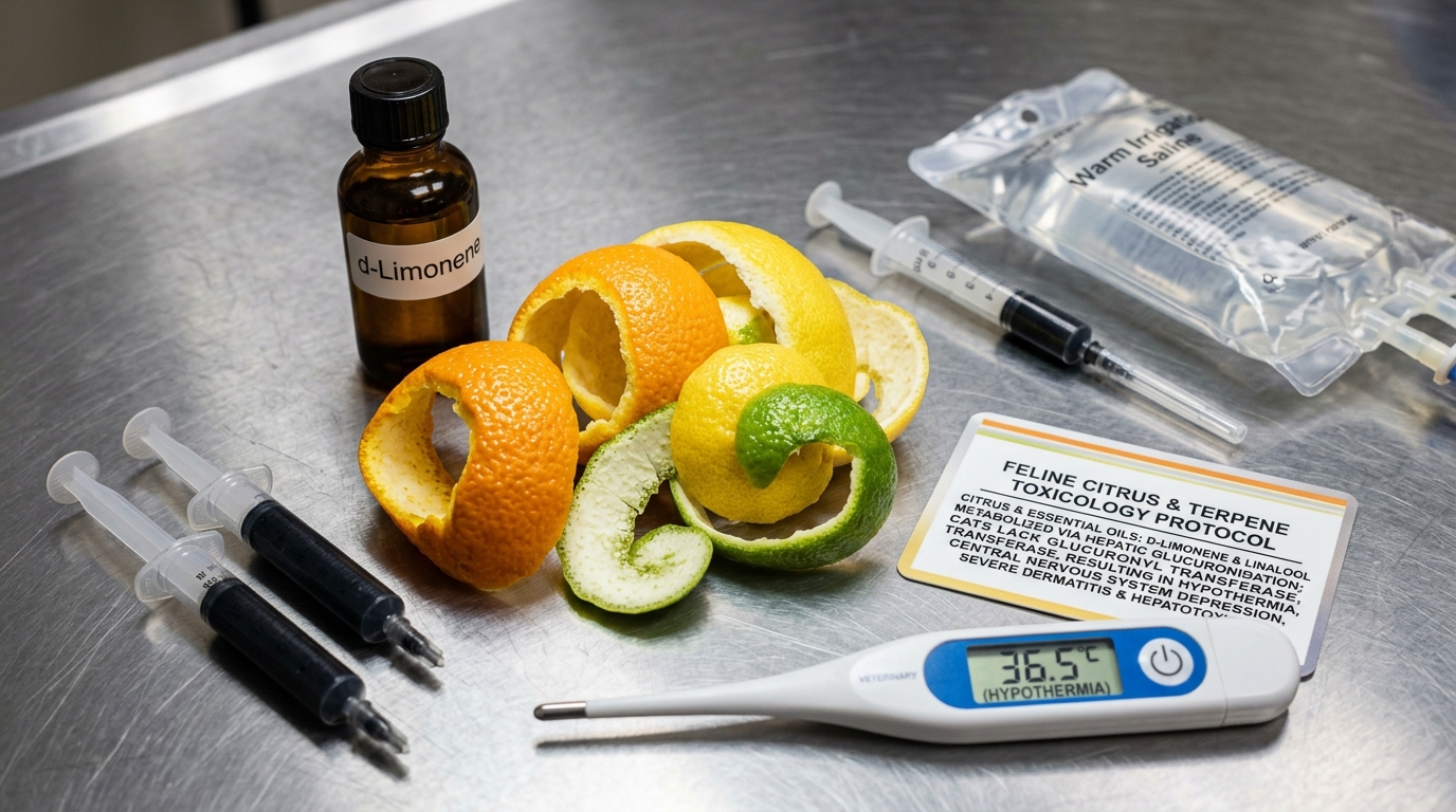 Citrus peels showing oil pores beside pure d-limonene bottle, Feline Terpene Toxicology Protocol card, thermometer showing 36.5C, and activated charcoal