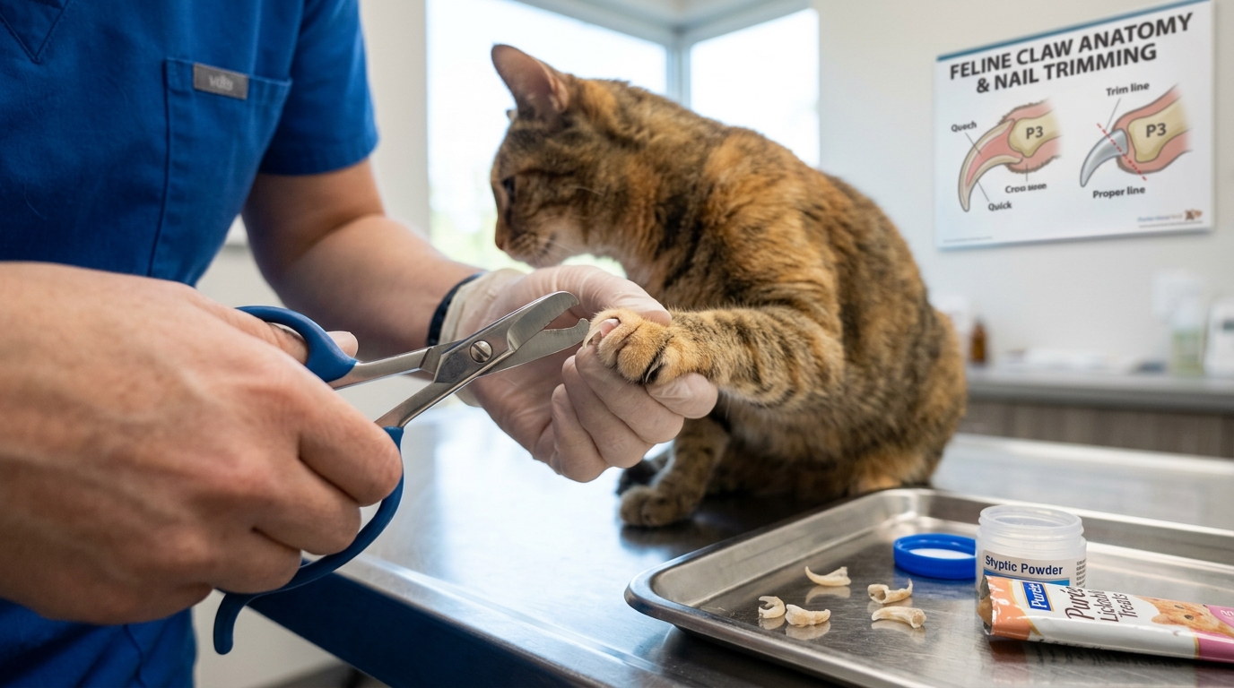 Figure 1: Feline Claw Anatomy & Cooperative Nail Trimming Exhibit — Macro veterinary demonstration of safe claw trimming with scissor trimmers, highlighting the vascular quick within the translucent husk alongside shed ungueal sheaths, styptic powder, and educational declawing pain warnings.