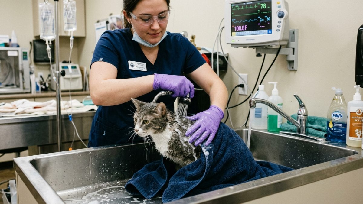 Veterinary clinical examination and abdominal palpation of pet rabbit displaying acute lethargy and hunched posture
