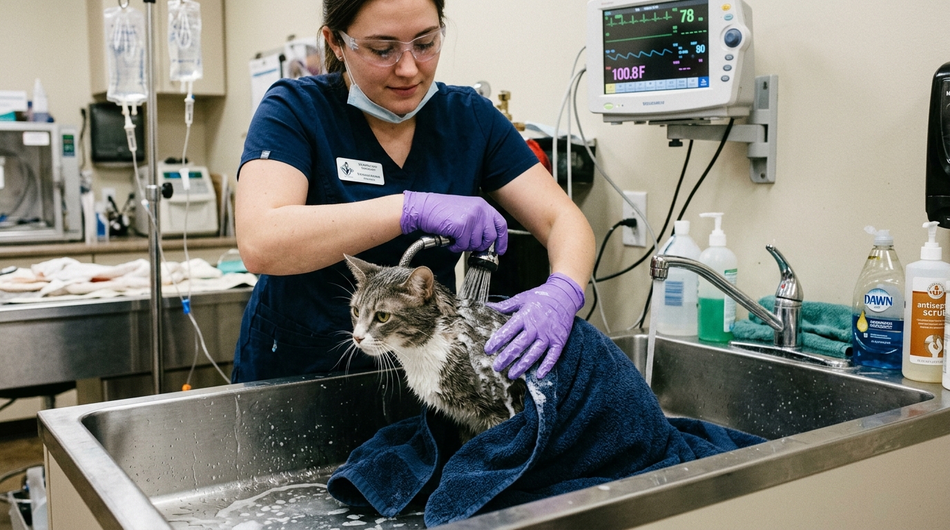 Veterinary nurse gently bathing cat with dish soap in prep sink to remove toxic permethrin spot-on residue