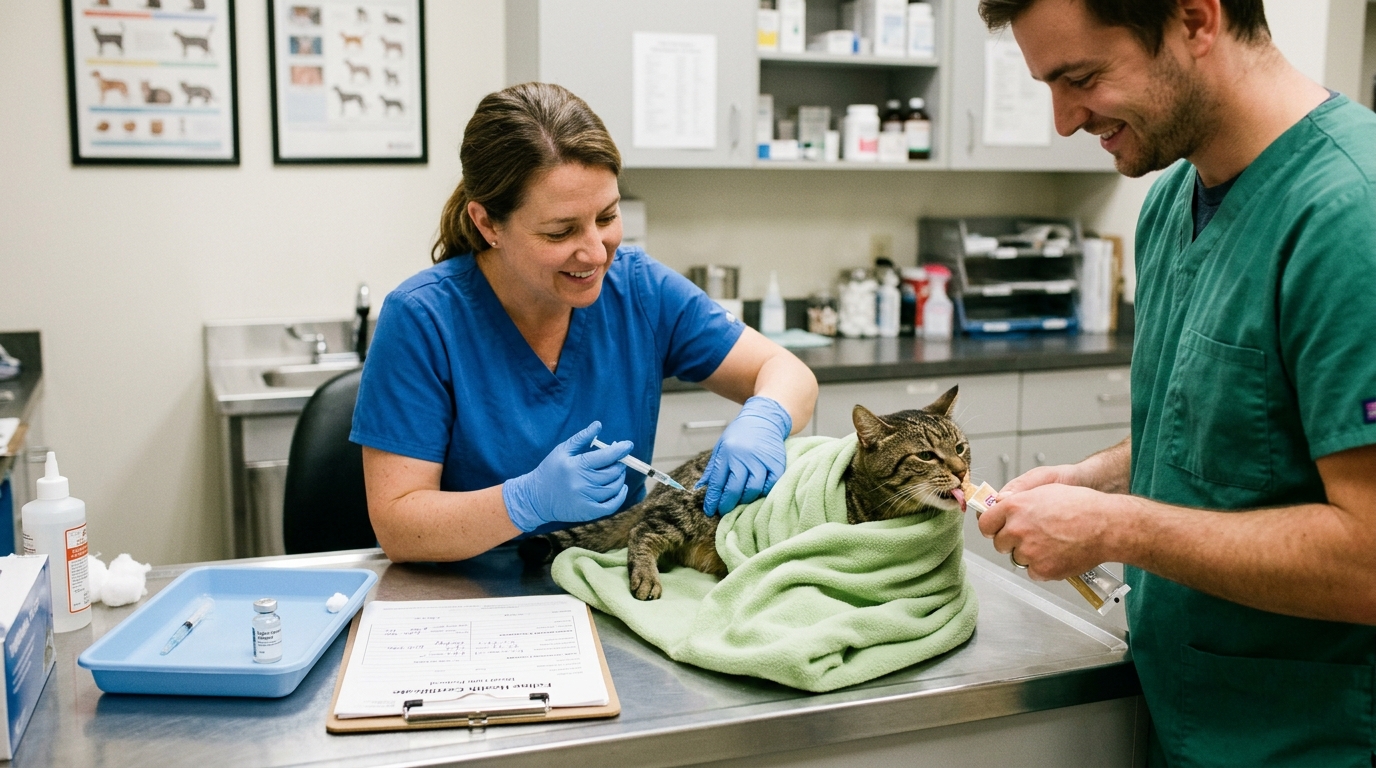 Figure 2: Feline Distal Limb Vaccination Procedure — In-clinic administration of a distal limb vaccine on a gently swaddled cat receiving lickable distraction treats, strictly adhering to veterinary safety standards to optimize patient welfare.