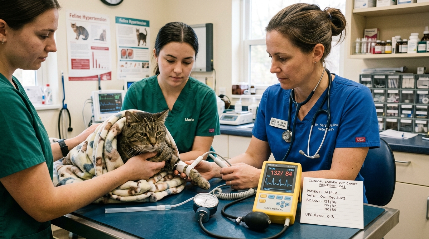 Veterinary team measuring systemic arterial blood pressure on senior cat with Parks Doppler flow detector and radial artery cuff