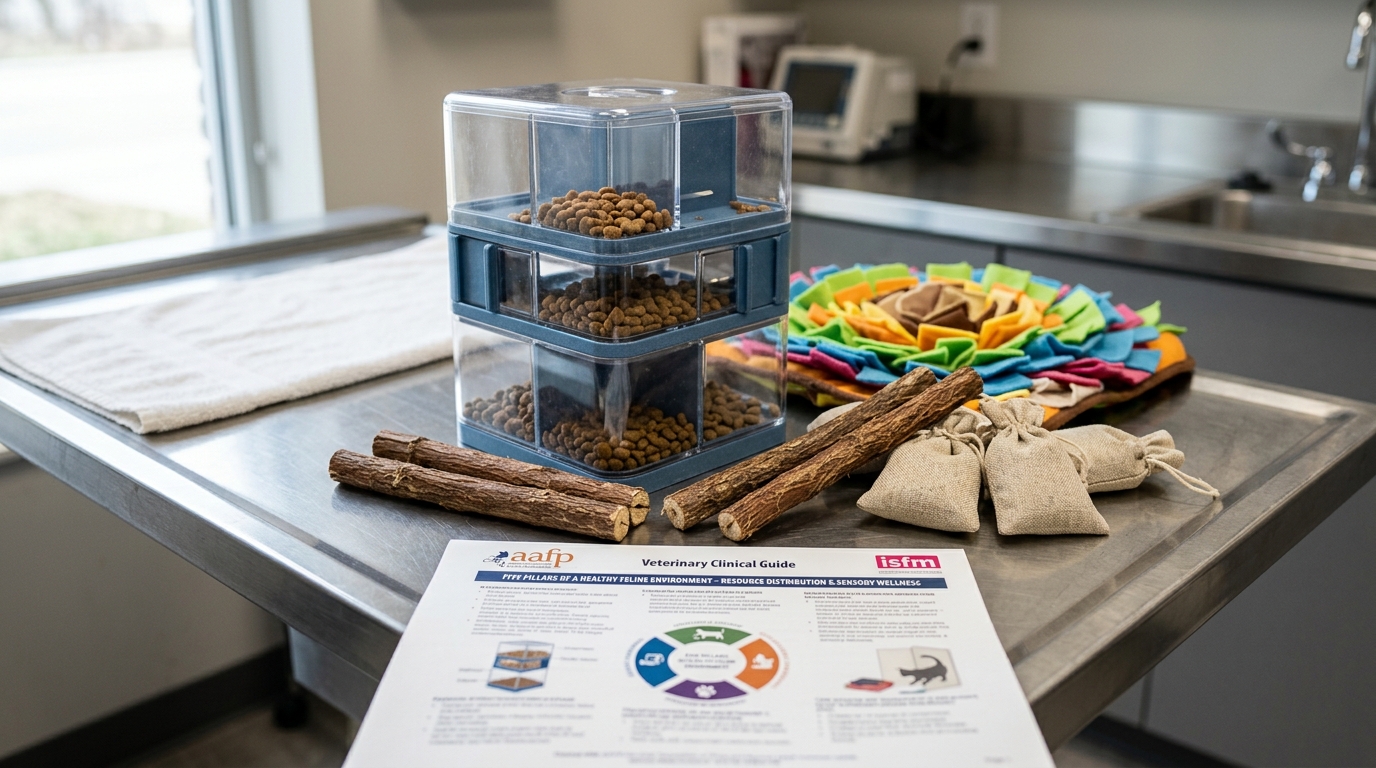 Figure 1: Feline Foraging Architecture & Sensory Enrichment Exhibit — Macro layout of multi-tiered food puzzle feeders, natural silvervine chewing sticks, and sniffing mats mapped against the AAFP/ISFM Five Pillars of a Healthy Feline Environment guidelines.