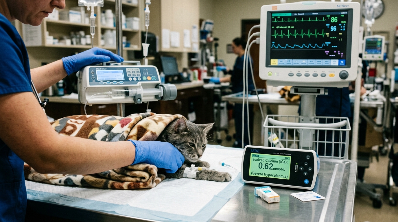 Figure 2: Feline Emergency ICU & Calcium Gluconate Infusion — Continuous veterinary monitoring during controlled IV 10% calcium gluconate administration for acute hypocalcemia and muscle tetany secondary to fluoride ingestion, with ongoing ECG telemetry tracking QT interval normalization.