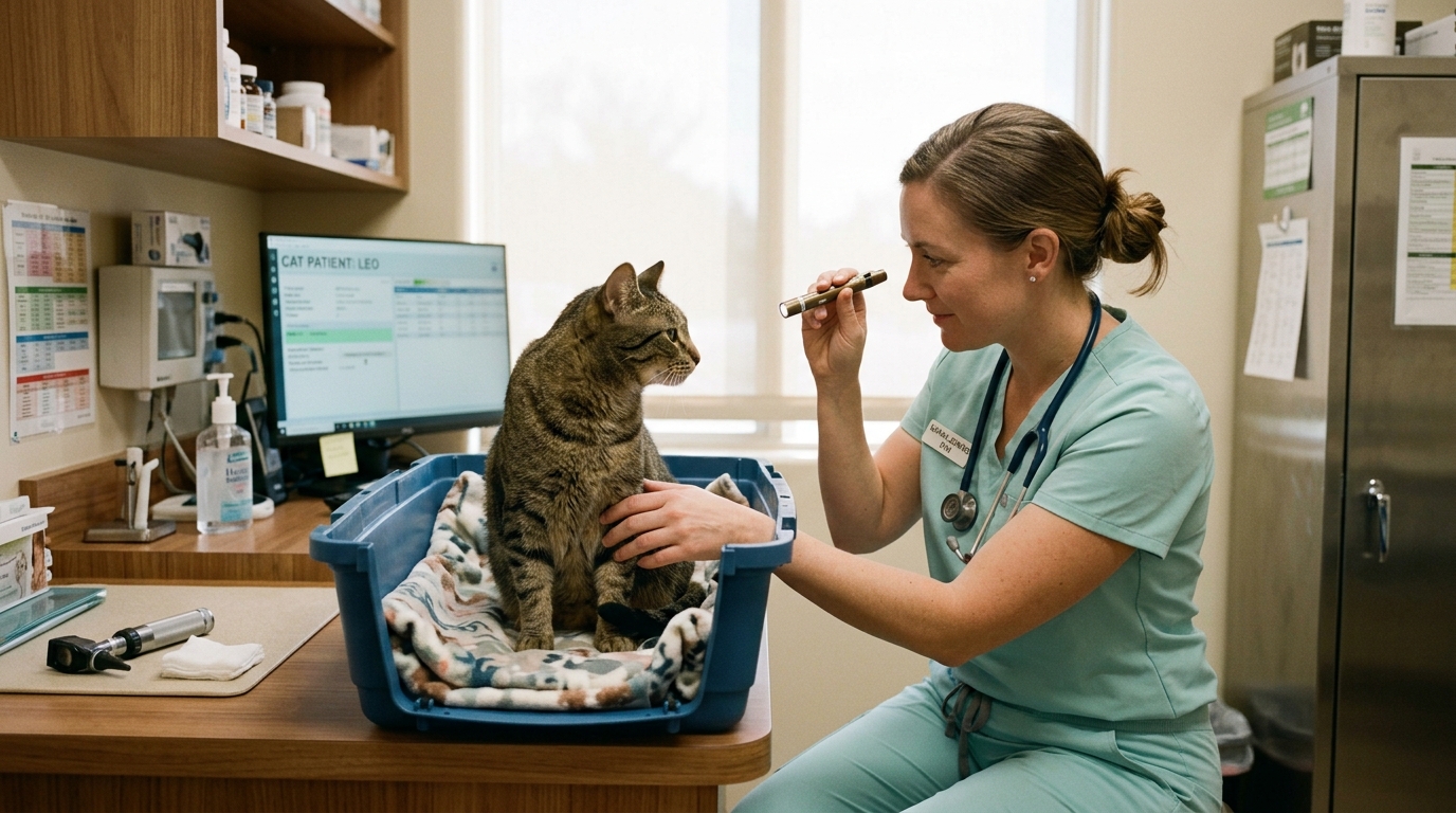 Calm cat resting inside transport carrier during low-stress veterinary examination following pre-visit gabapentin anxiolytic protocol