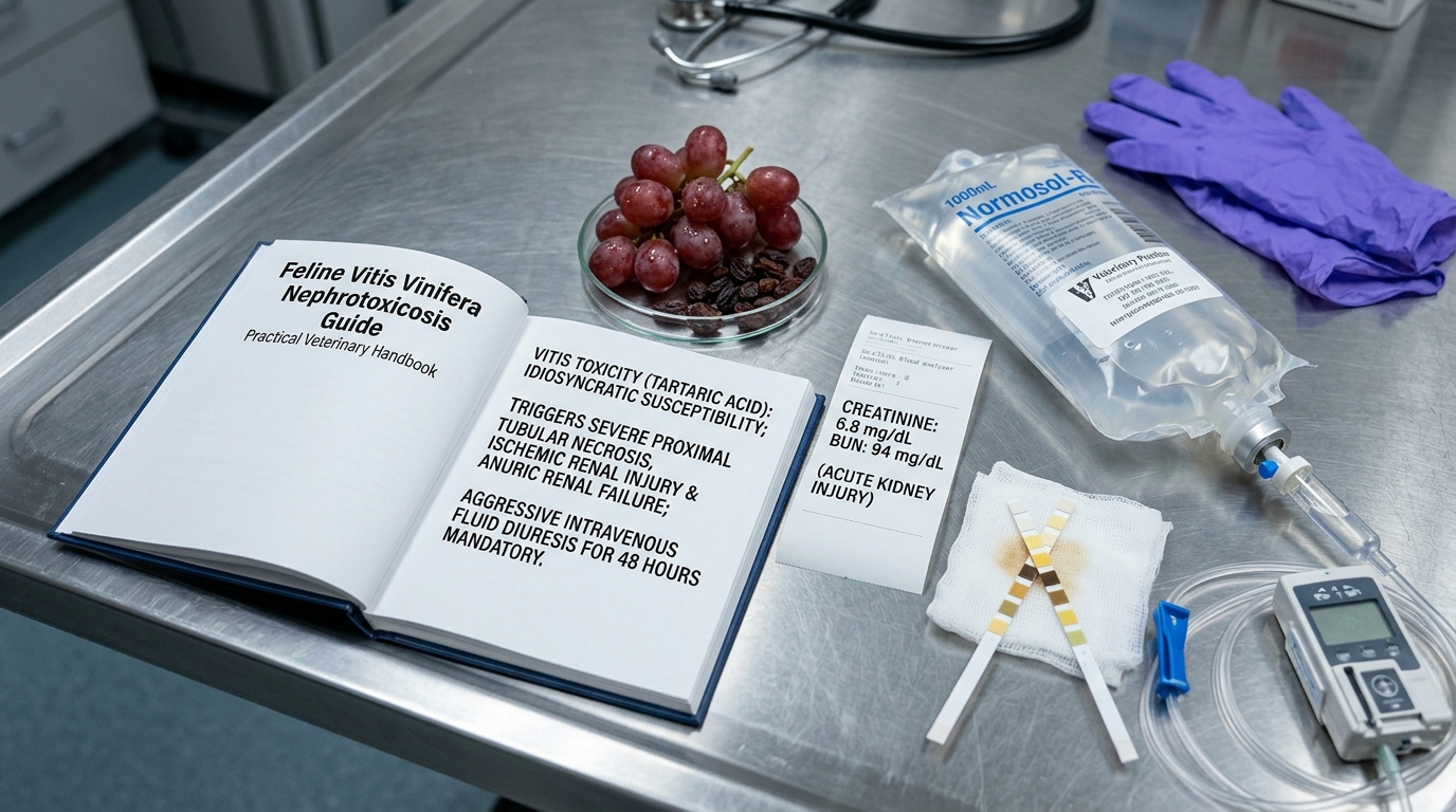 Grapes and raisins beside Feline Vitis Nephrotoxicosis Guide, chemistry printout reading Creatinine 6.8 mg/dL and BUN 94 mg/dL, and Normosol-R IV infusion bag