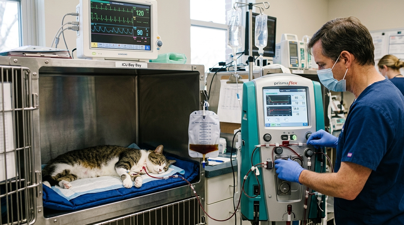 Figure 2: Feline Hemodialysis & Critical Renal Triage — Specialized continuous renal replacement therapy (CRRT) and intensive urinary output monitoring for a feline patient in acute oliguric renal failure following accidental NSAID ingestion, providing vital extracorporeal clearance.