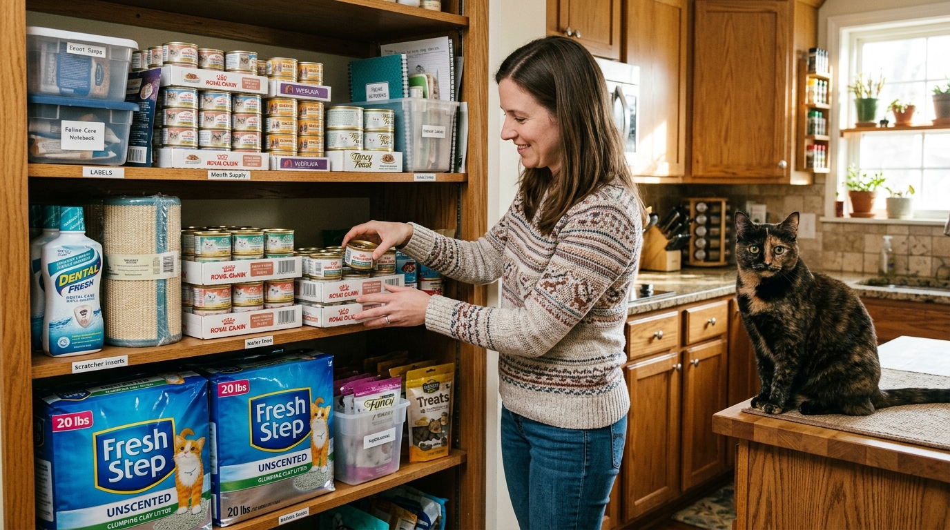 Figure 2: Feline Household Supply Logistics & Environmental Management — Practical organization of a month's supply of cat essentials (canned wet food cases, unscented litter, replacement scratching surfaces) preventing emergency resource shortages.