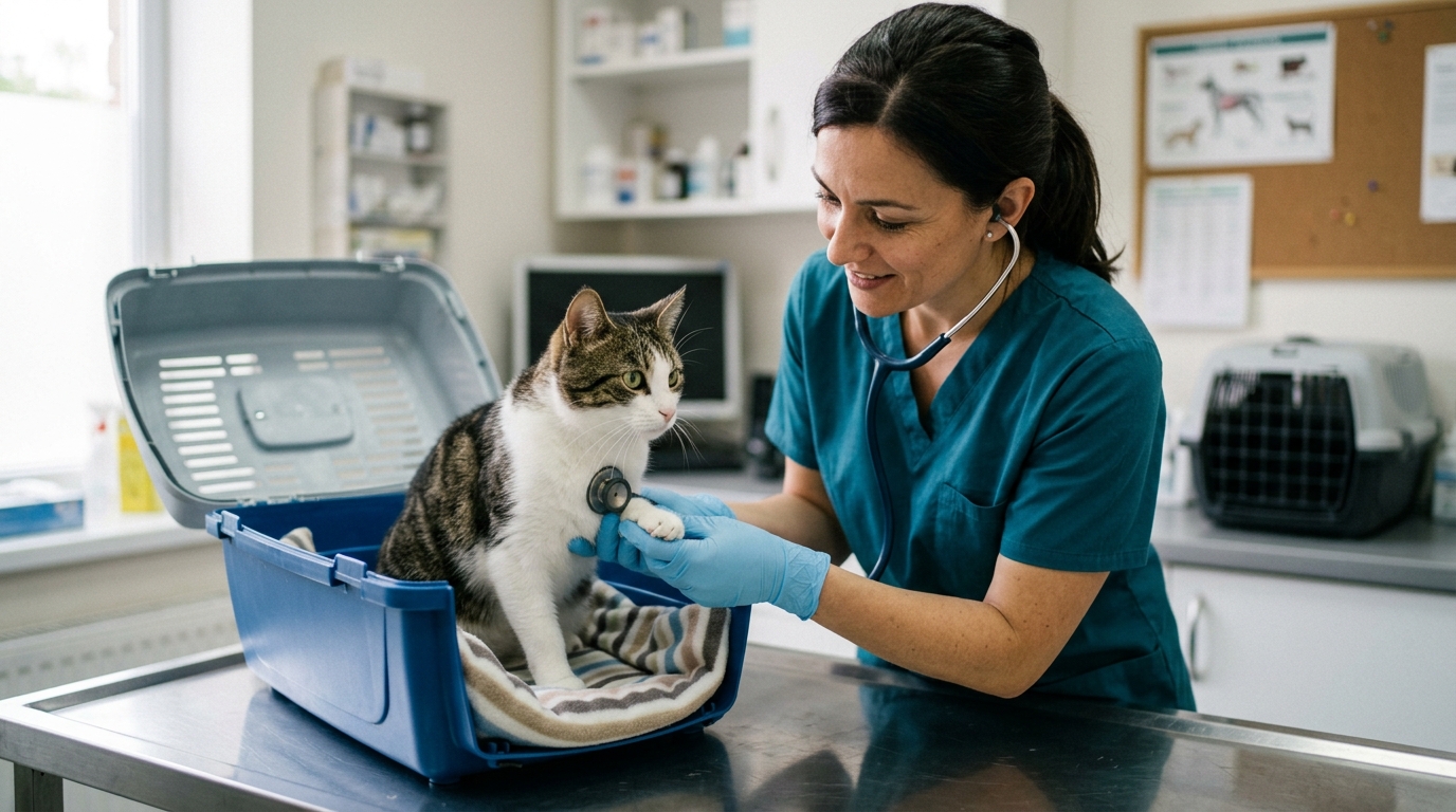 Figure 2: Fear Free In-Carrier Veterinary Examination — A veterinarian gently examining and auscultating a calm cat resting within the bottom shell of its disassembled carrier, eliminating the trauma of forced extraction.