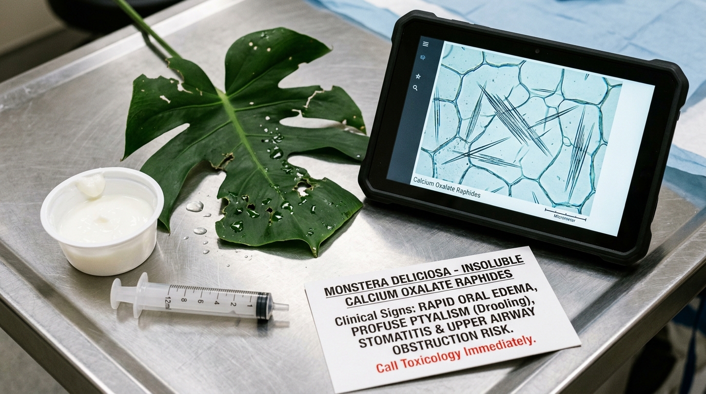 Figure 1: Feline Monstera Deliciosa & Insoluble Oxalate Raphide Exhibit — Macro clinical display of a perforated Monstera leaf alongside a photomicrograph revealing microscopic needle-like calcium oxalate raphide crystals that embed into feline oral mucosa, provoking acute stomatitis and severe ptyalism.