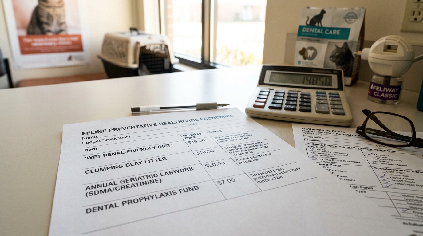 Figure 1: Feline Preventative Health Economics & Supply Matrix — Macro breakdown of recurring feline essentials including moisture-rich renal diets, clumping litter, annual blood chemistry funds, and dental care supplies on a consultation desk.